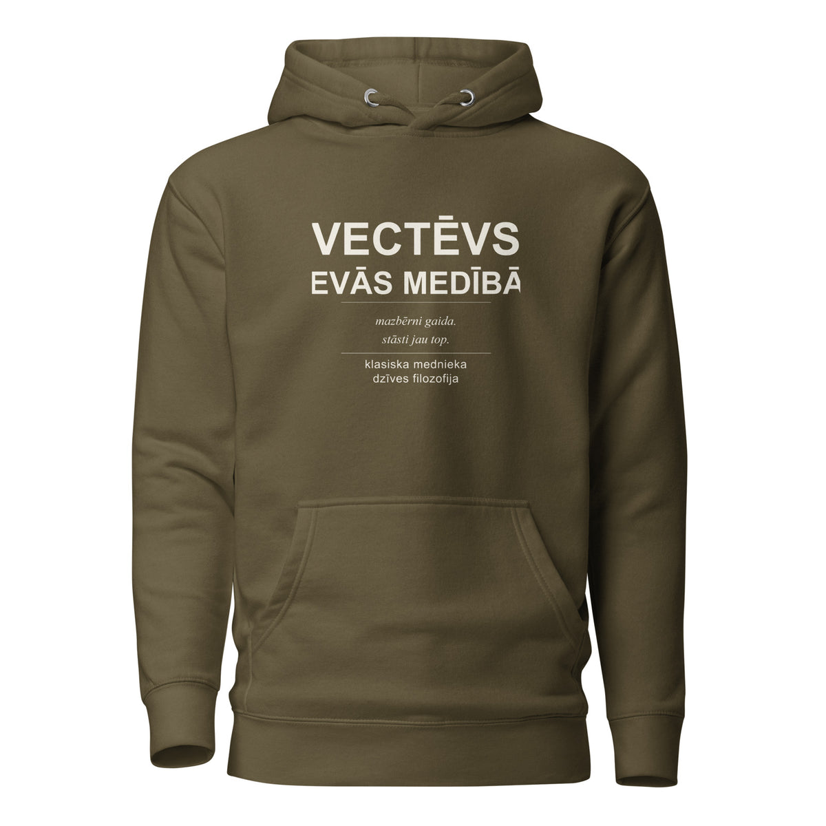 Mednieku džemperis ar kapuci “Vectēvs devās medībās”, militāri zaļā krāsā