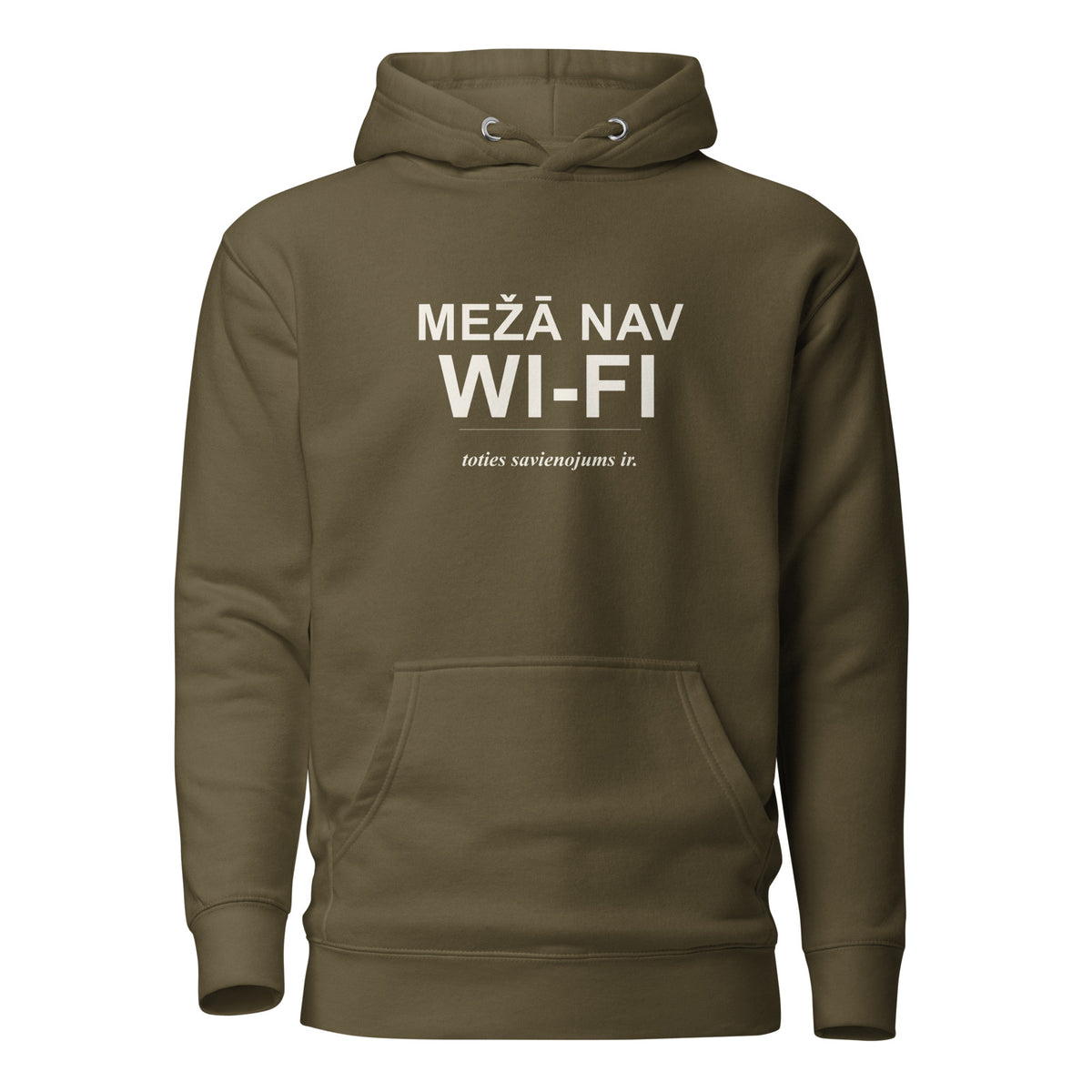 Mednieku džemperis ar kapuci “Mežā nav Wi-Fi, toties savienojums ir”, militāri zaļā krāsā