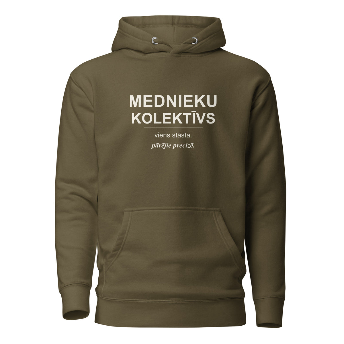 Mednieku džemperis ar kapuci “Viens stāsta, pārējie precizē”, militāri zaļā krāsā