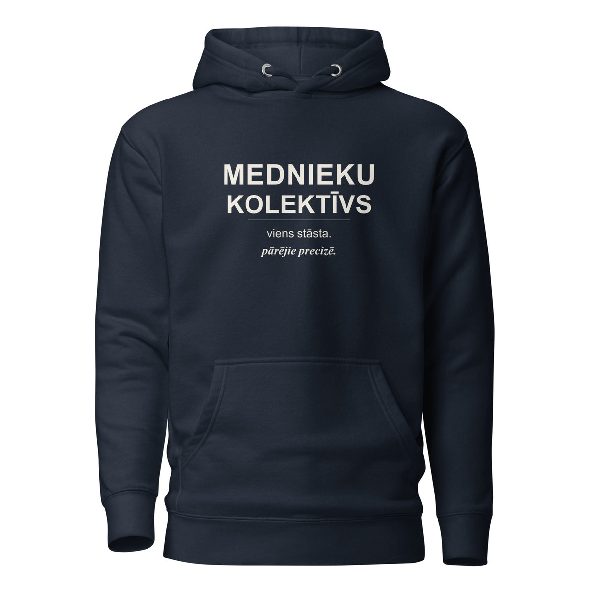 Mednieku džemperis ar kapuci “Viens stāsta, pārējie precizē”, tumši zilā krāsā