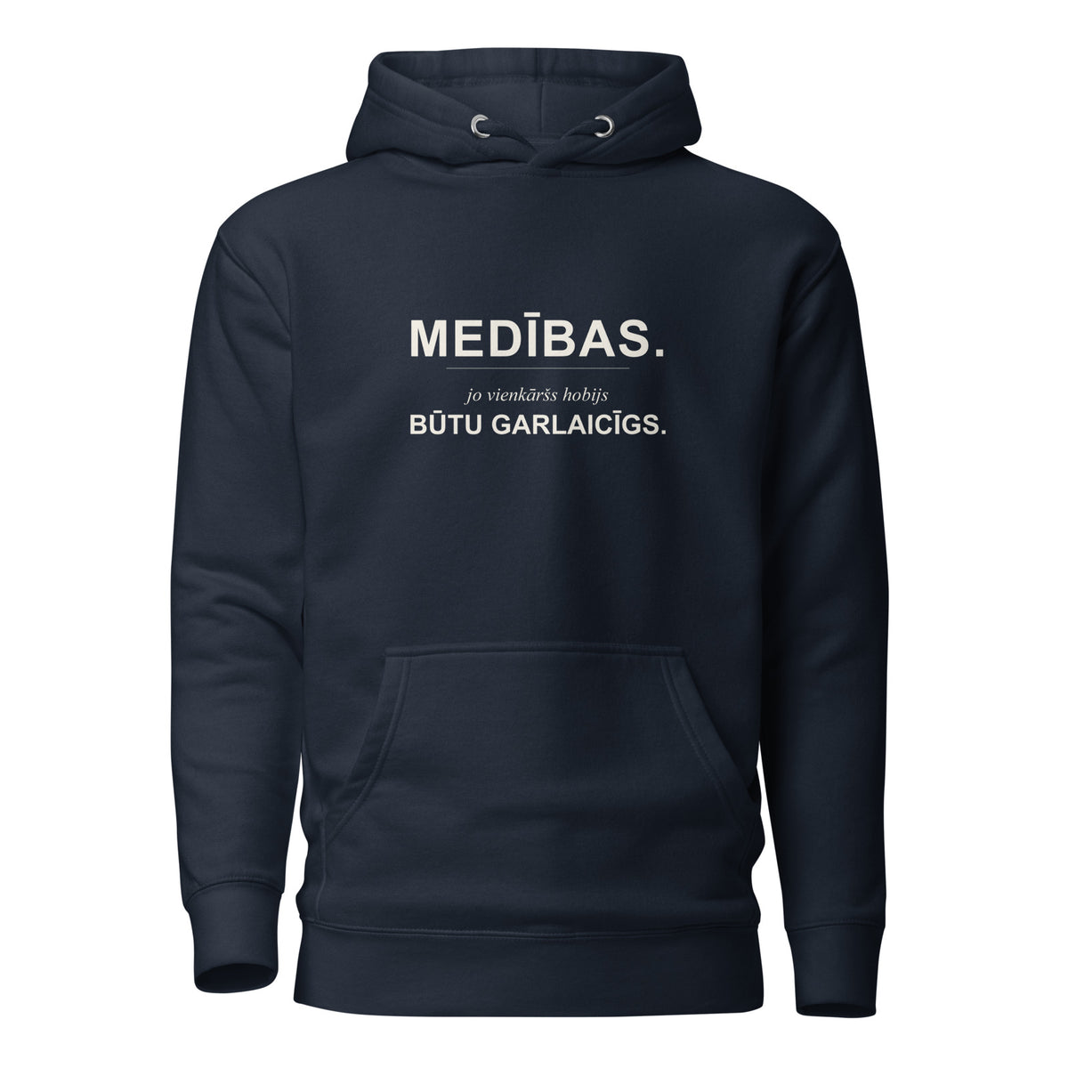 Mednieku džemperis ar kapuci “Vienkāršs hobijs būtu garlaicīgs”, tumši zilā krāsā