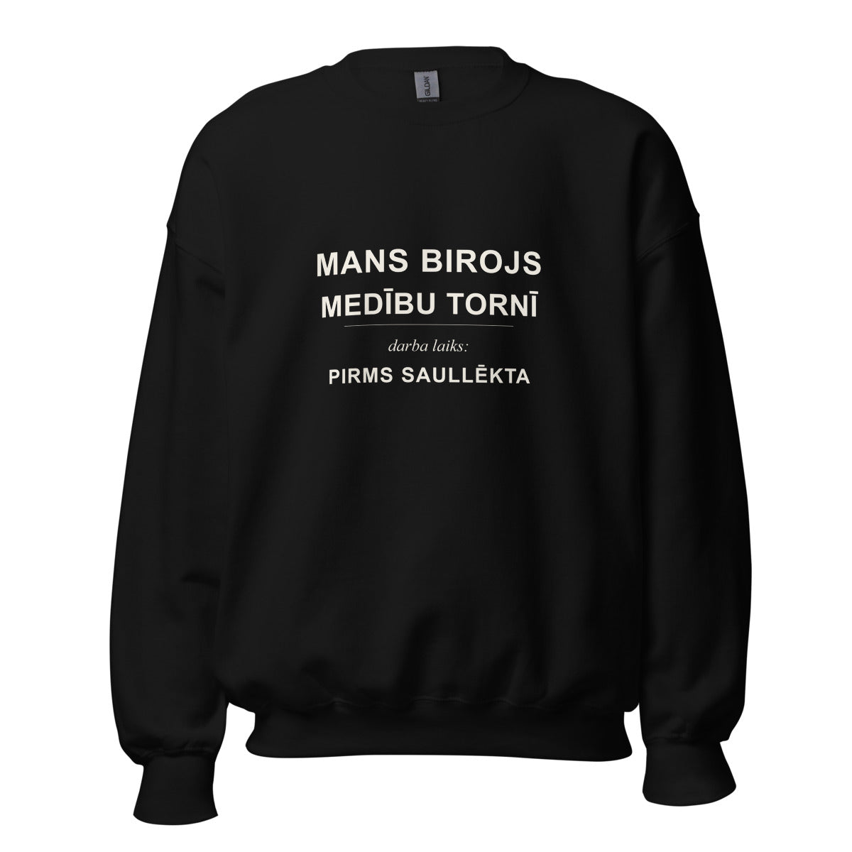 Džemperis ar uzrakstu Mans birojs medību tornī