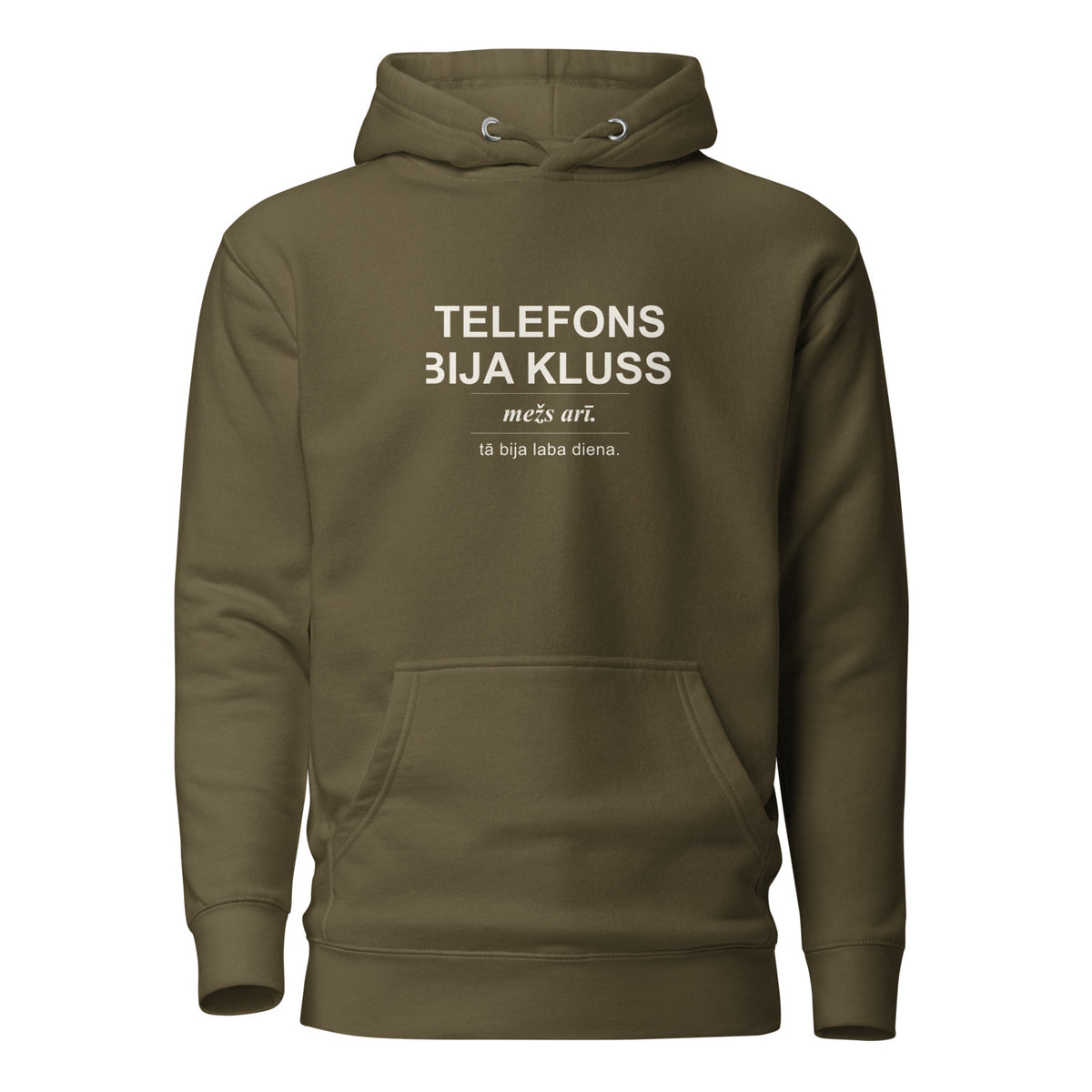 Zaļš džemperis ar kapuci ar dizainu Telefons bija kluss. Mežs arī.