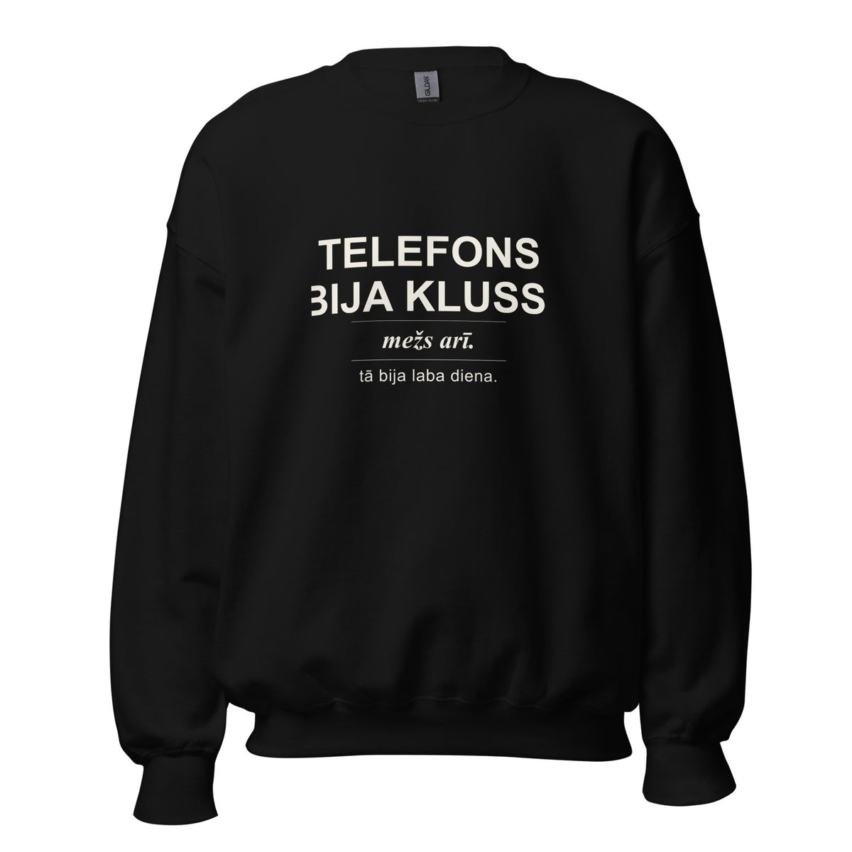 Melns džemperis ar dizainu Telefons bija kluss. Mežs arī.