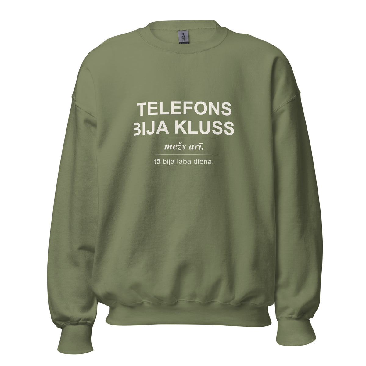 Zaļš džemperis ar dizainu Telefons bija kluss. Mežs arī.