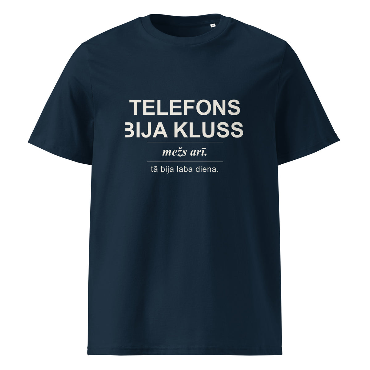 Tumši zils T-krekls ar dizainu Telefons bija kluss. Mežs arī.