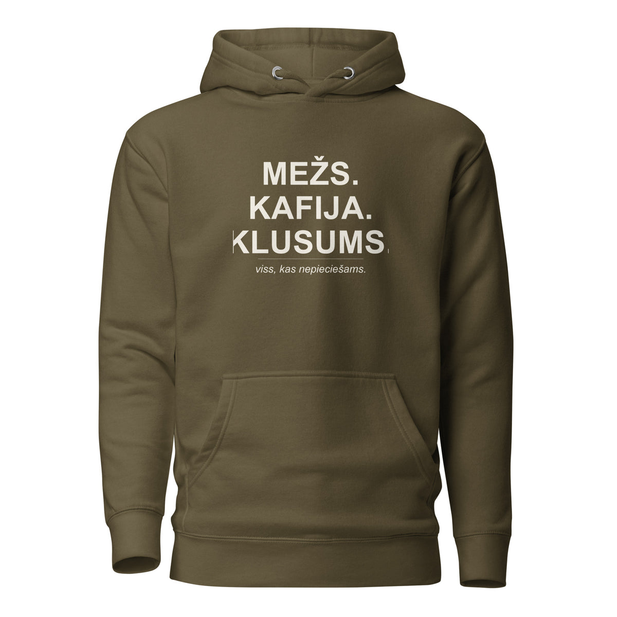 Mednieku džemperis ar kapuci “Mežs. Kafija. Klusums.”, militāri zaļā krāsā