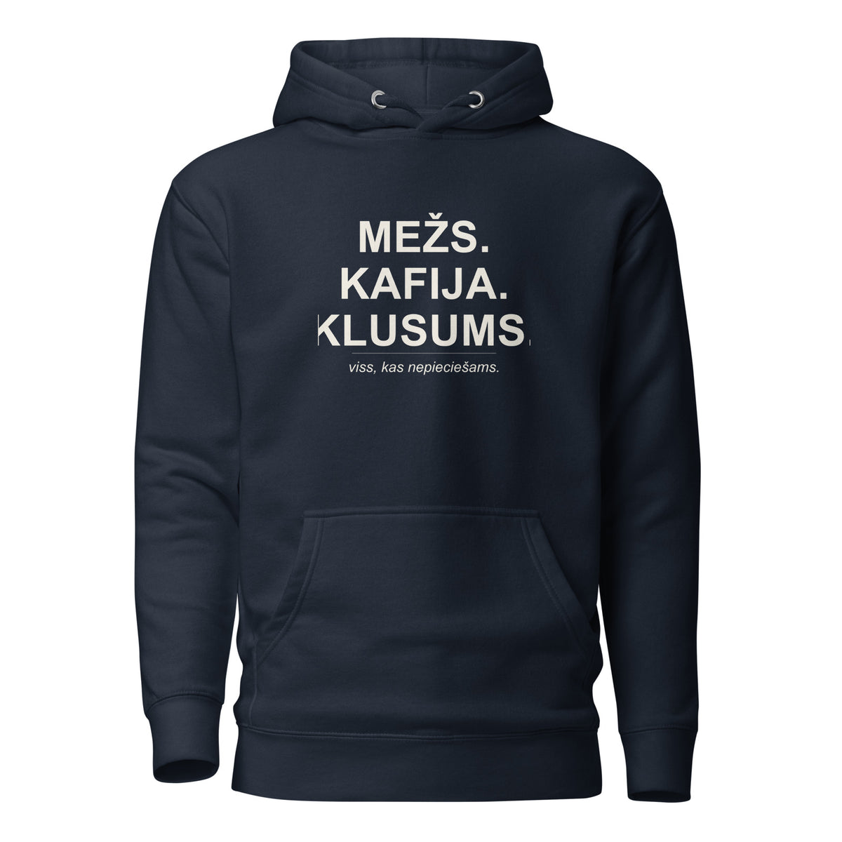 Mednieku džemperis ar kapuci “Mežs. Kafija. Klusums.”, tumši zilā krāsā