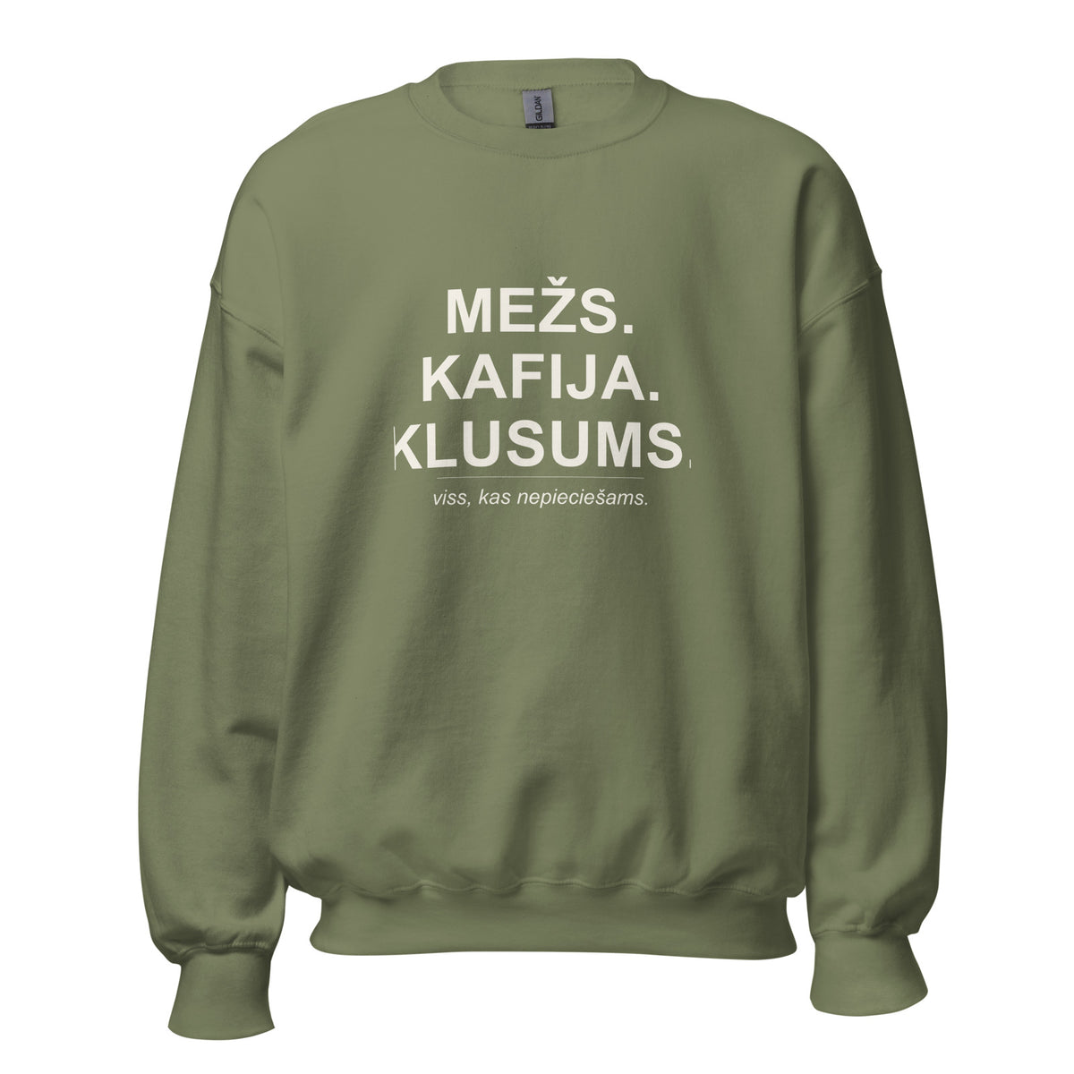 Mednieku džemperis “Mežs. Kafija. Klusums.”, militāri zaļā krāsā