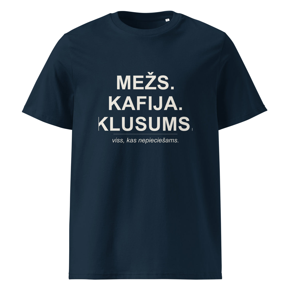 Mednieku T-krekls “Mežs. Kafija. Klusums.”, tumši zilā krāsā