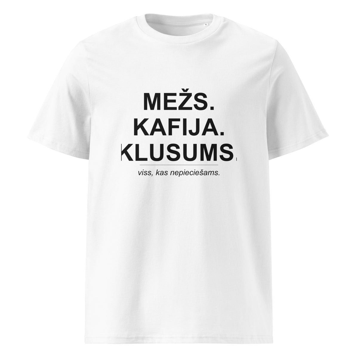 Mednieku T-krekls “Mežs. Kafija. Klusums.”, baltā krāsā