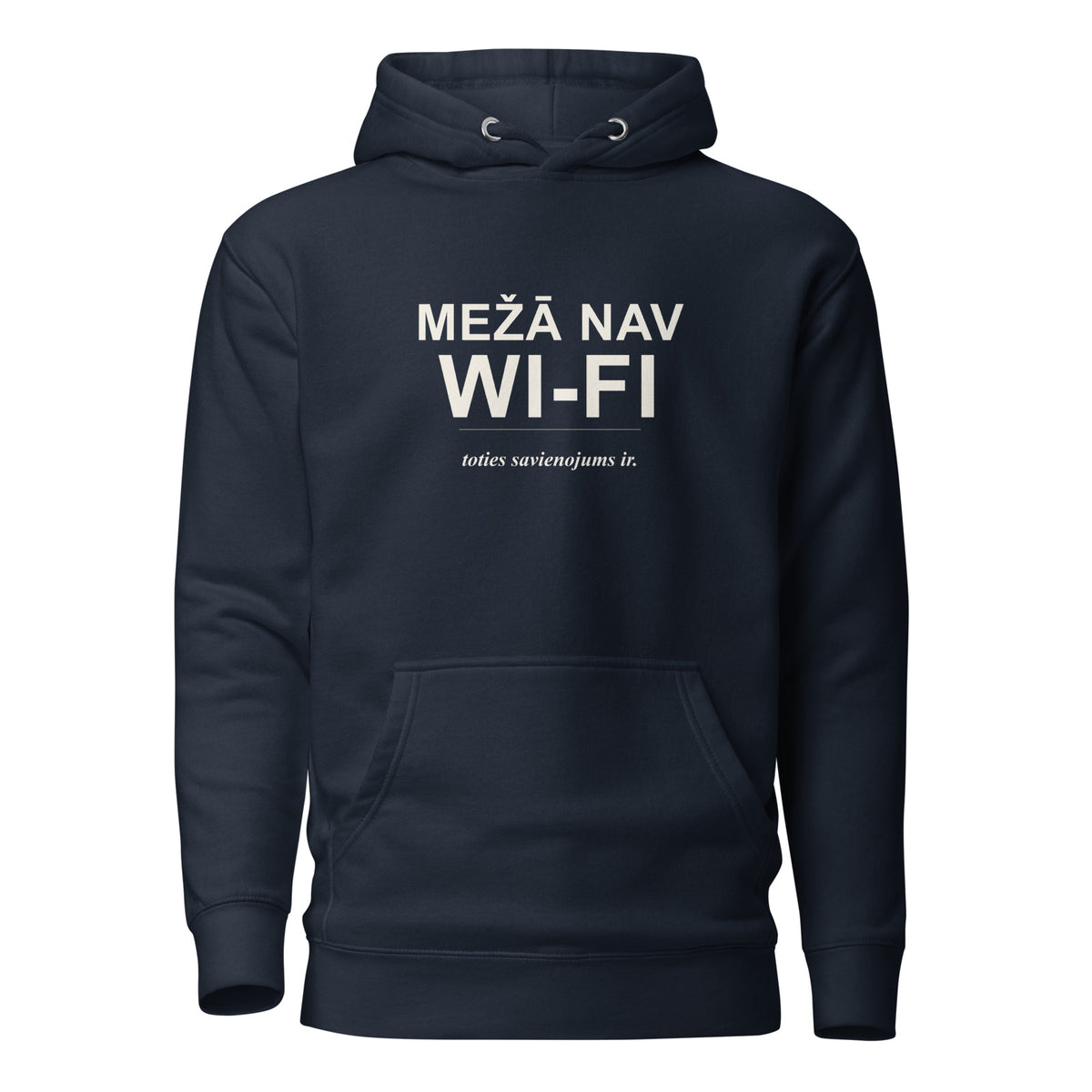 Mednieku džemperis ar kapuci “Mežā nav Wi-Fi, toties savienojums ir”, tumši zilā krāsā